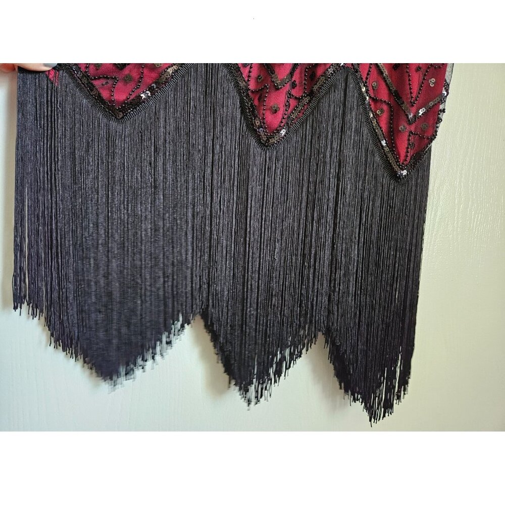 Women XL Flapper dress costume halloween maroon Burgundy wine fringe black Party - Picture 5 of 14